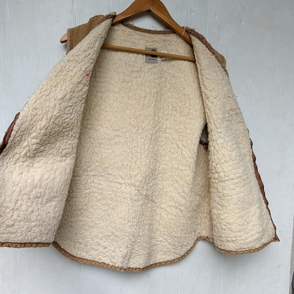 CARHARTT worn-in ripped distressed faded Sherpa lined tan duck vest coat - Picture 6 of 12